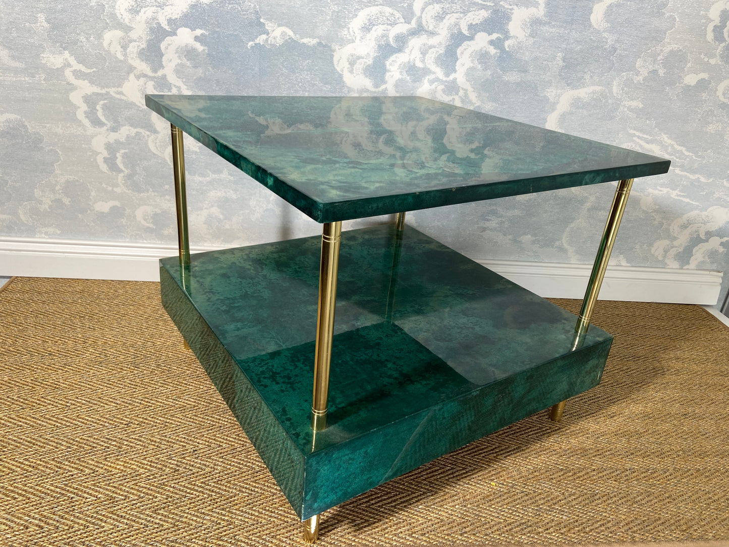 Aldo Tura Side Table in Aqua Green with Brass Legs and Bottom Drawer