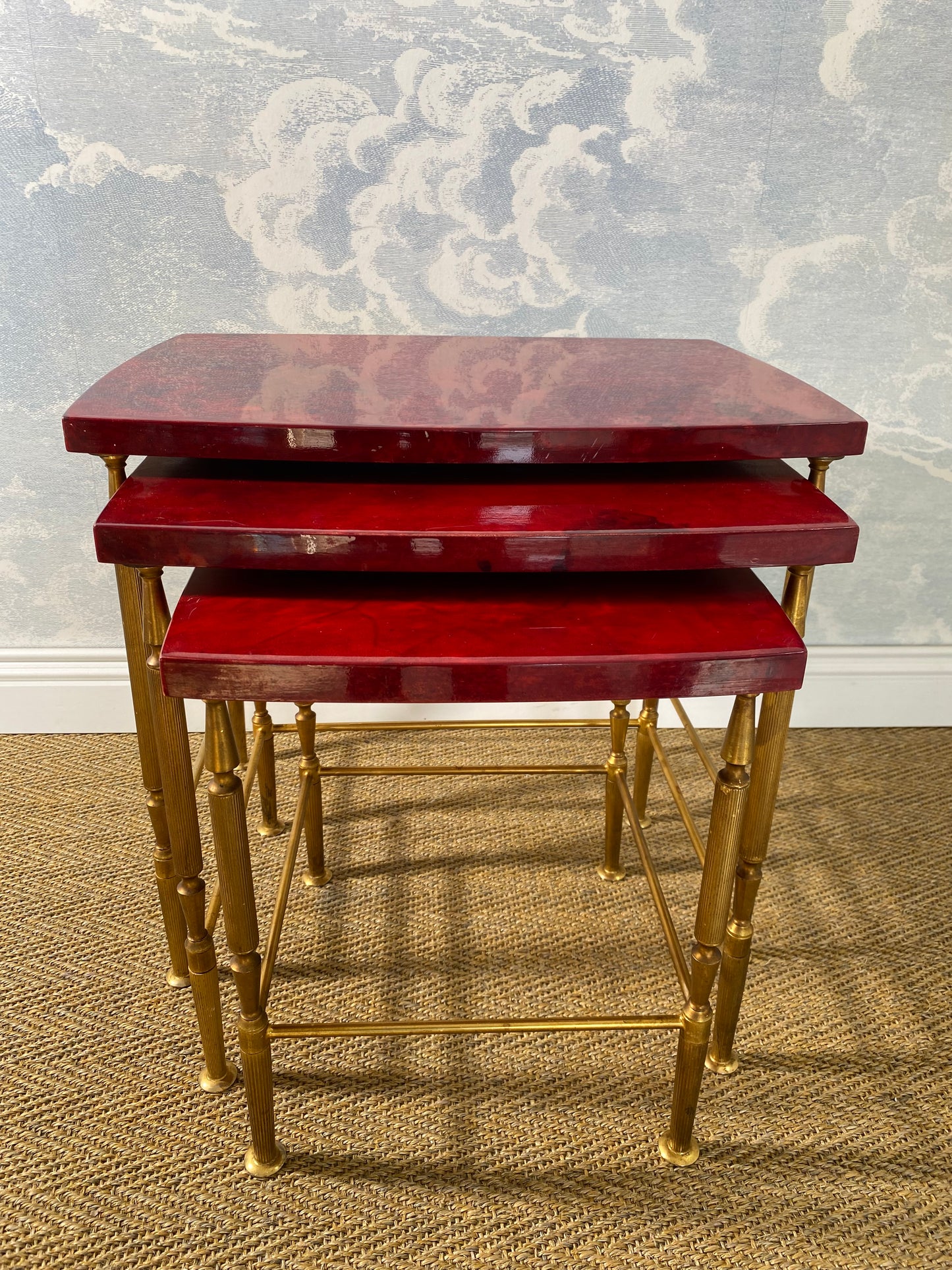 Set of 3 Red Aldo Tura Nesting Tables, Italy 1960s