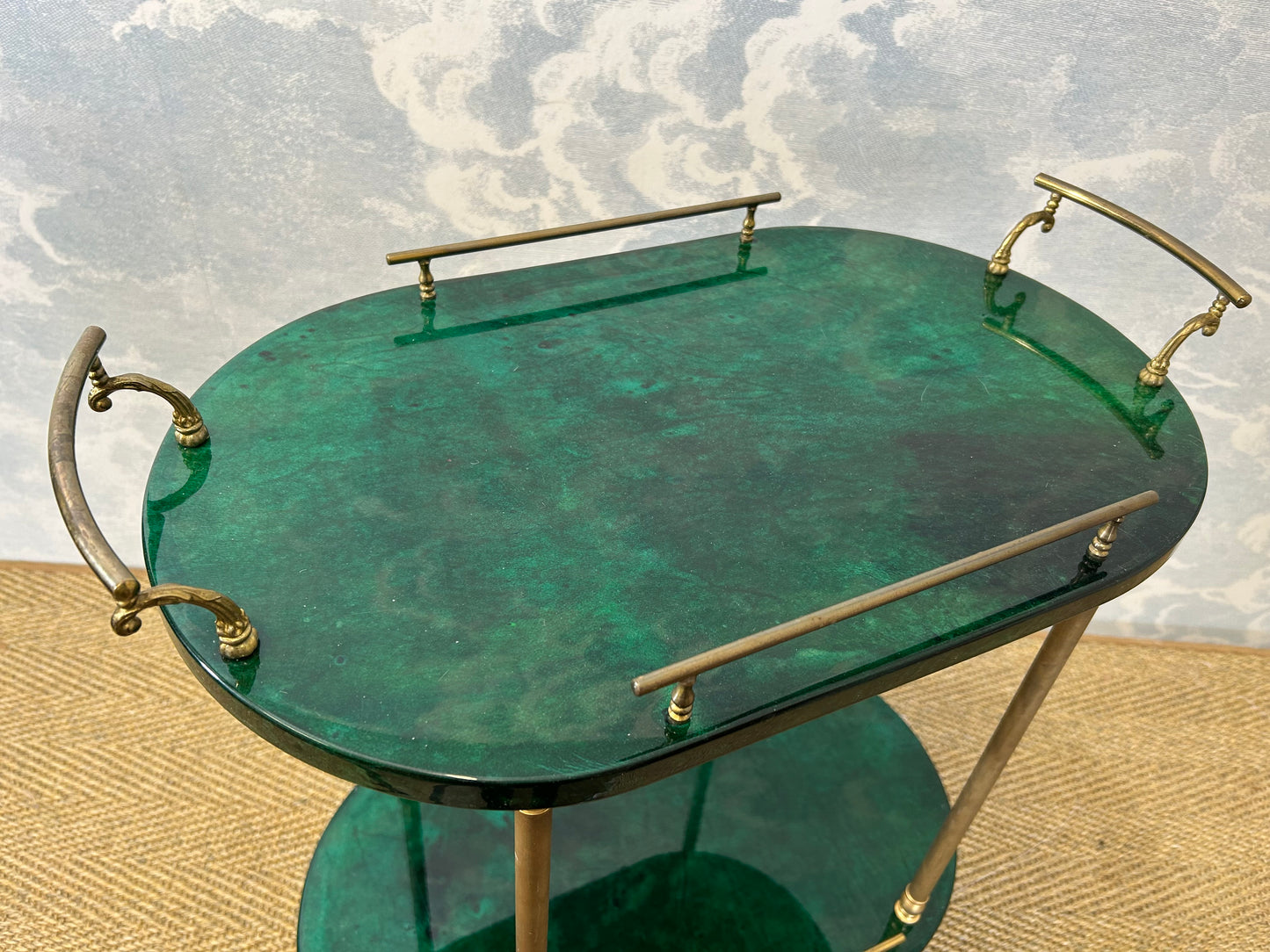 Petit Aldo Tura Bar Cart / Tea Trolley in Dark Green, Italy, 1960s, Hollywood Regency