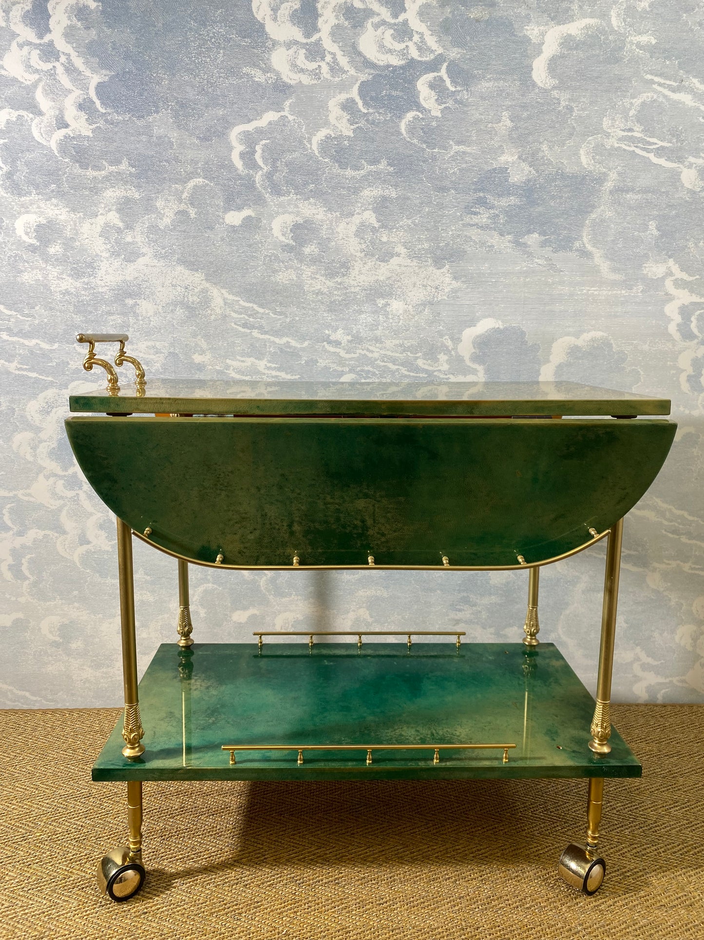 ALDO TURA Bar Cart in Green with Foldable Sides, Italy, 1960s