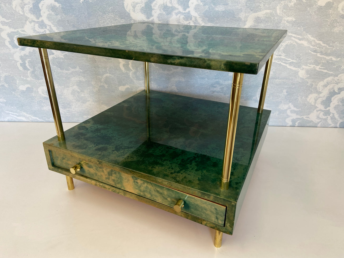 Aldo Tura Side Table in Aqua Green with Brass Legs and Bottom Drawer