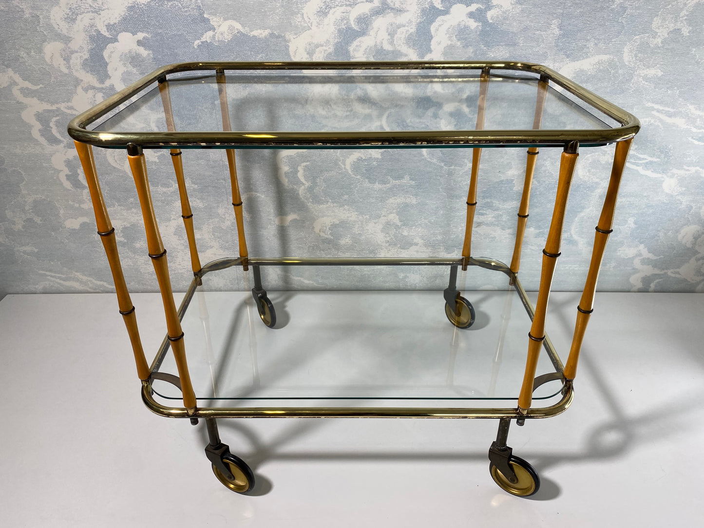 Bamboo Cocktail Trolley Bar Cart Attr. Maison Jansen, Vintage 60s Boho Midcentury Dry Bar