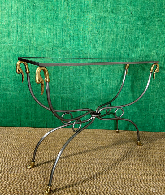 Polished Steel & Brass Console Table, possibly Maison Jansen, France, Mid-Century Modern Hollywood Regency