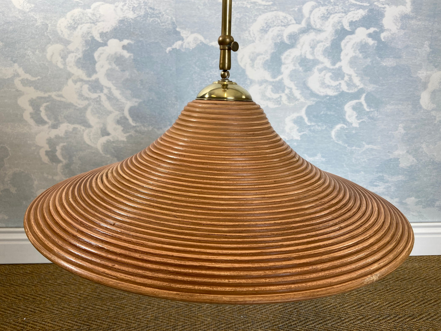 Pencil Reed Pendant Lamp with Extendable Brass Rod, Italy, Mid-Century Modern