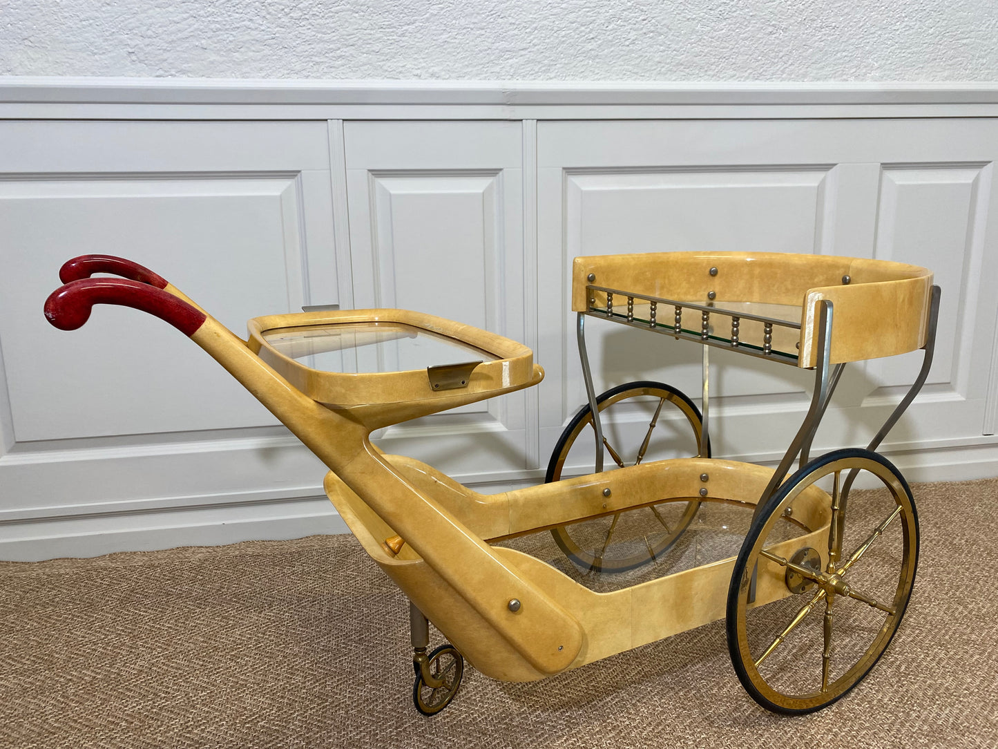 Cream Colored Aldo Tura Bar Cart Serving Trolly, Italy 1960s