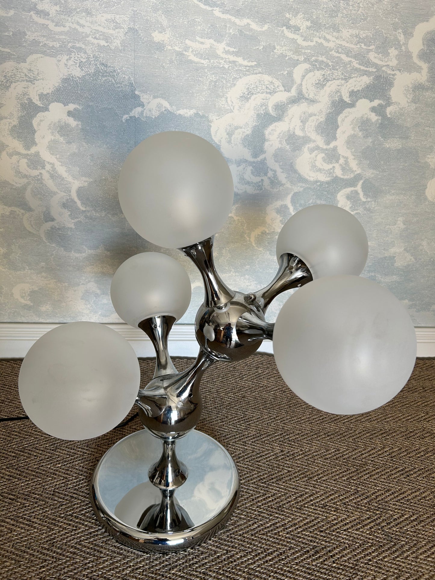 Unique Table Lamp with Chrome Frame and Opaque Glass Globes, 1970's, Space Age, Atomic Age, Sputnik
