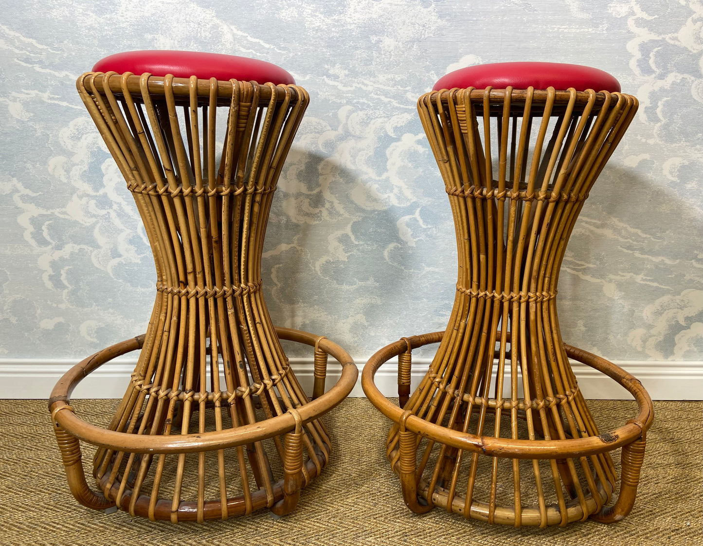 Set of 3 Tito Agnoli for Bonacina Bar Stools Bamboo & Rattan, Italy 1950s