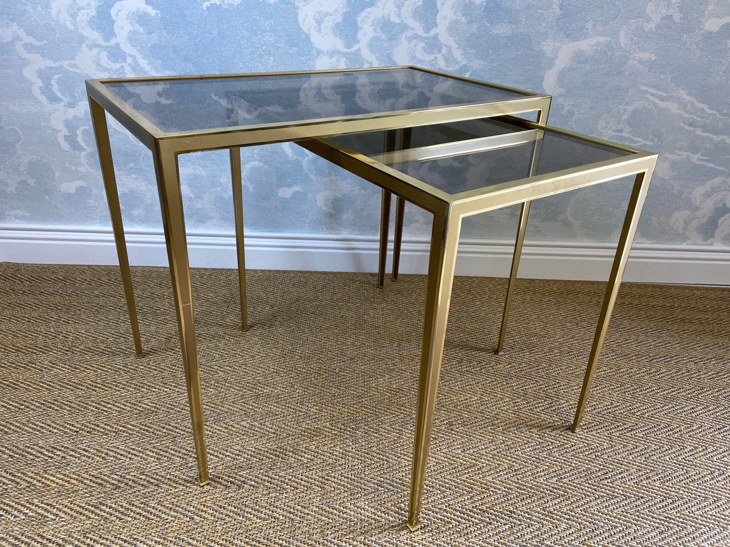 Set of 3 Nesting Tables Brass 60s Hollywood Regency Vereinigte Werkstätten Side Coffee Table