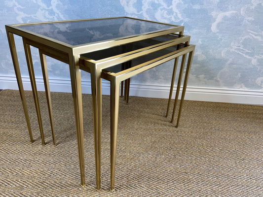 Set of 3 Nesting Tables Brass 60s Hollywood Regency Vereinigte Werkstätten Side Coffee Table