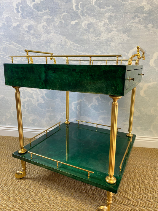 Aldo Tura Side Table on Wheels in Emerald Green with Brass Detail and 2 Drawers