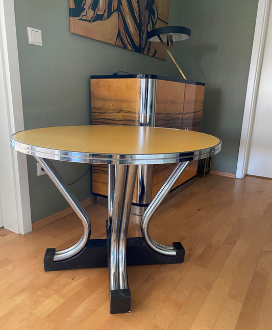 Art Deco Side Table with Yellow Top and Chromed Tube Legs