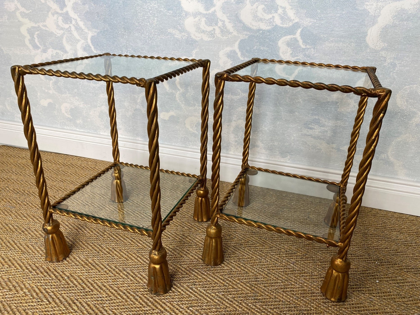 Pair Hollywood Regency Brass Metal Rope Tassel Side Tables Italy 1970s Li Puma