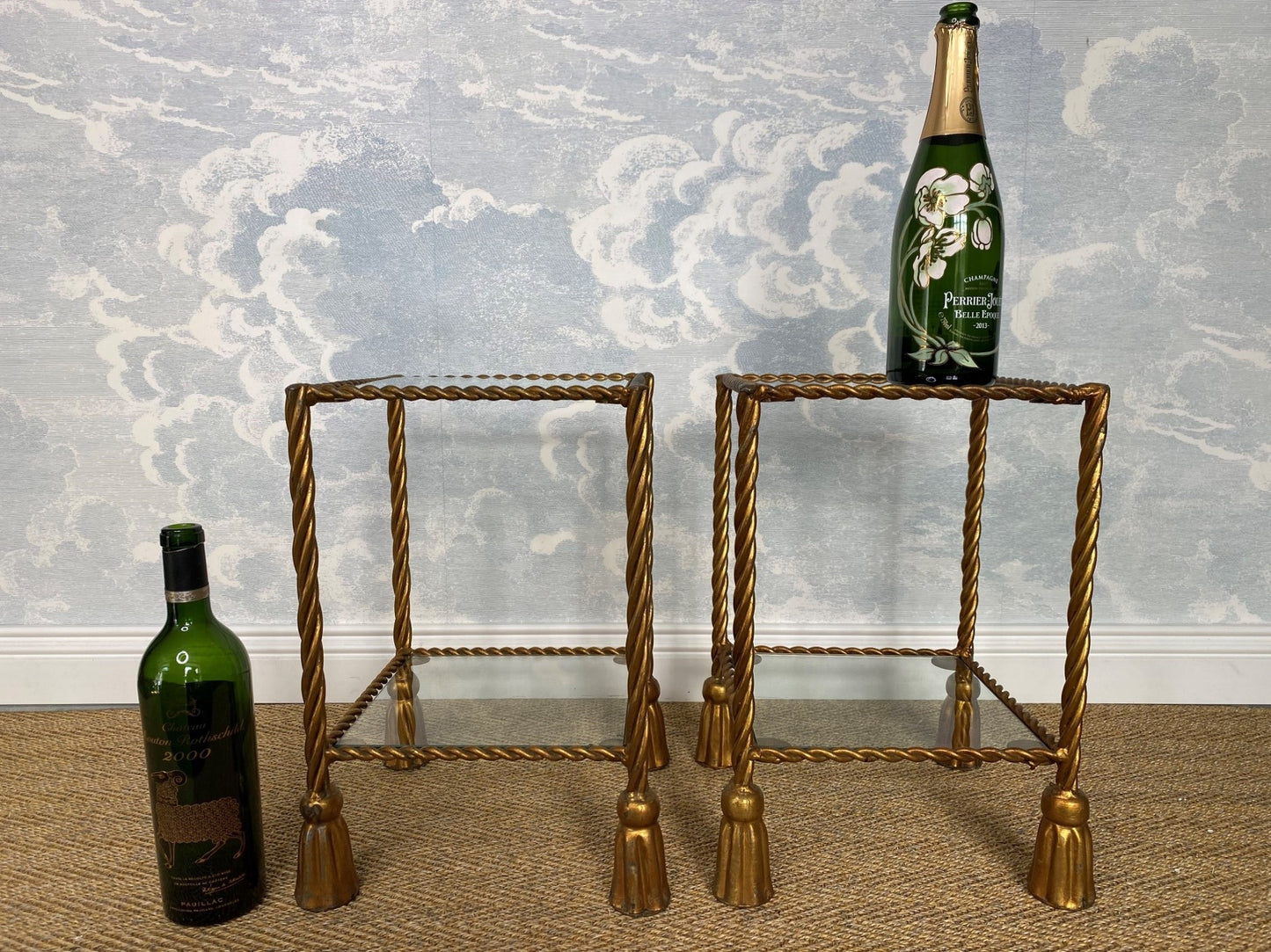 Pair Hollywood Regency Brass Metal Rope Tassel Side Tables Italy 1970s Li Puma