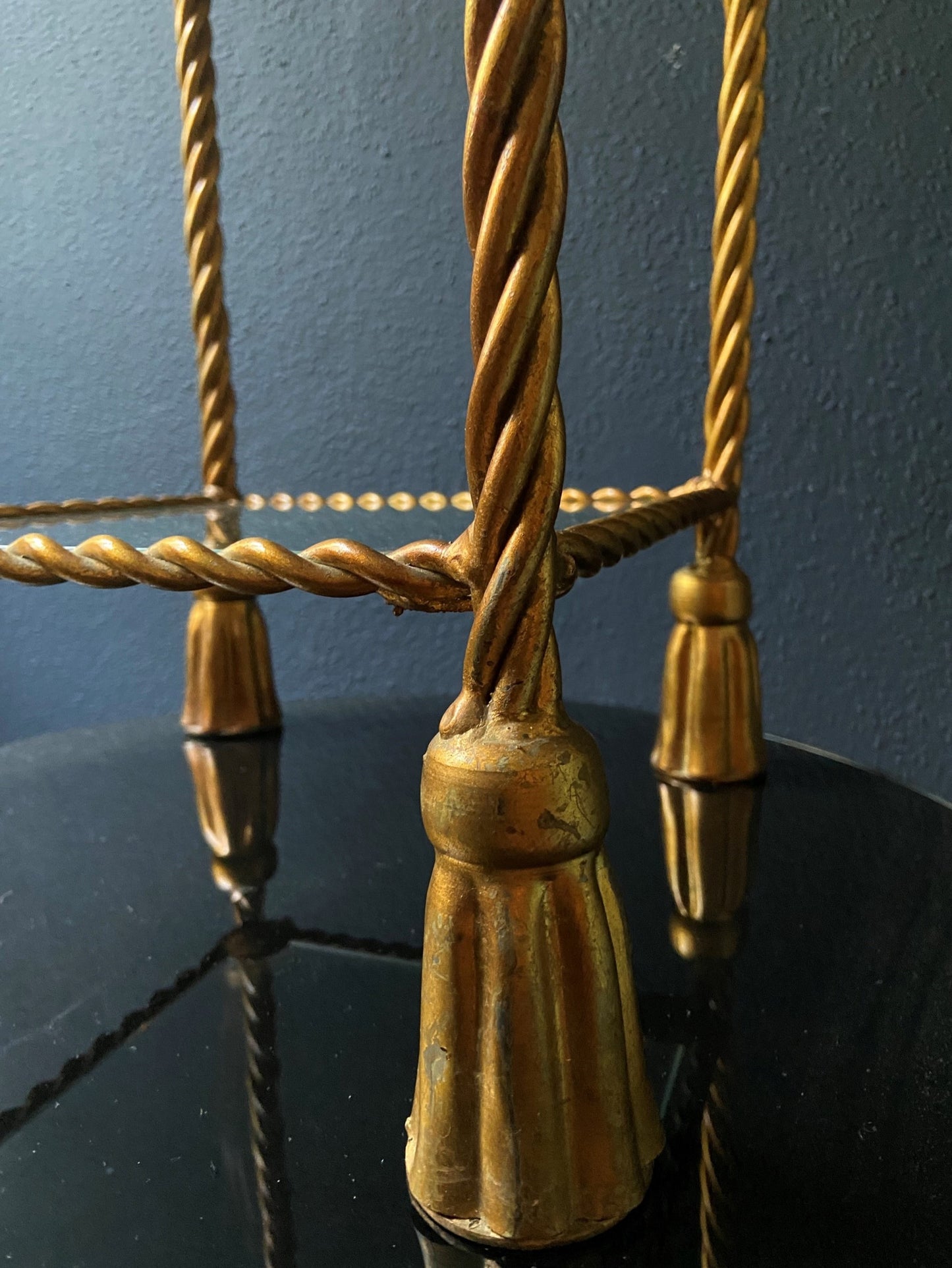 Pair Hollywood Regency Brass Metal Rope Tassel Side Tables Italy 1970s Li Puma