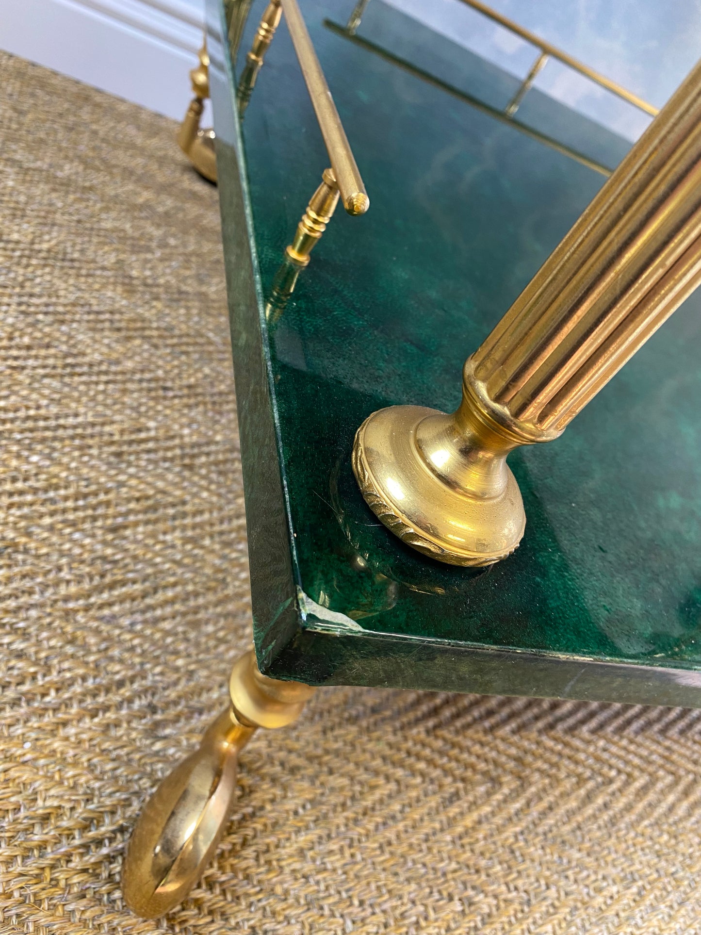 Aldo Tura Side Table on Wheels in Emerald Green with Brass Detail and 2 Drawers