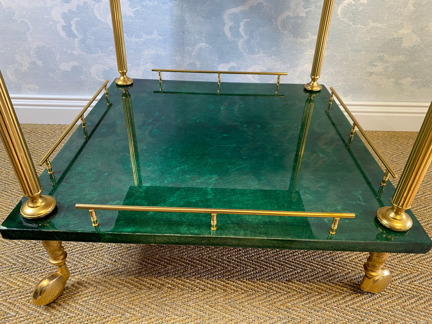 Aldo Tura Side Table on Wheels in Emerald Green with Brass Detail and 2 Drawers