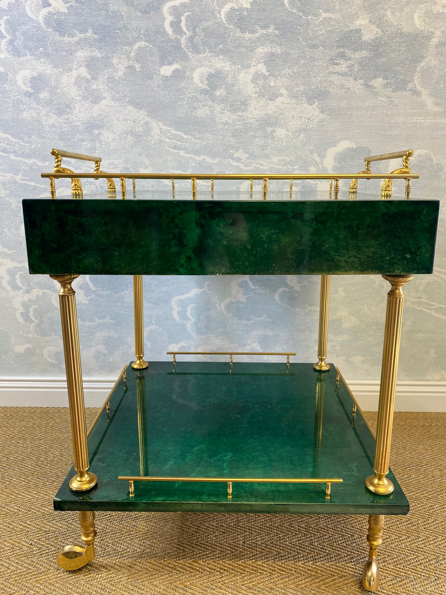 Aldo Tura Side Table on Wheels in Emerald Green with Brass Detail and 2 Drawers