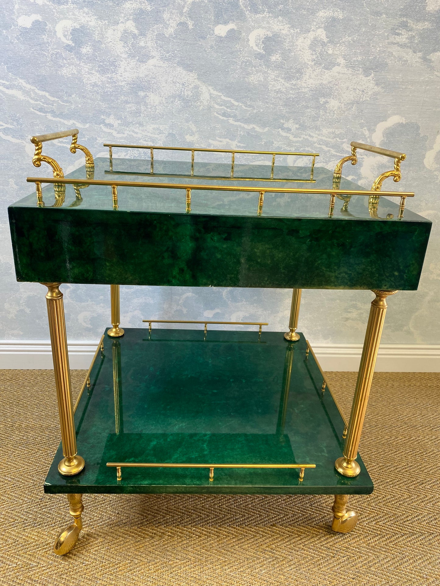 Aldo Tura Side Table on Wheels in Emerald Green with Brass Detail and 2 Drawers