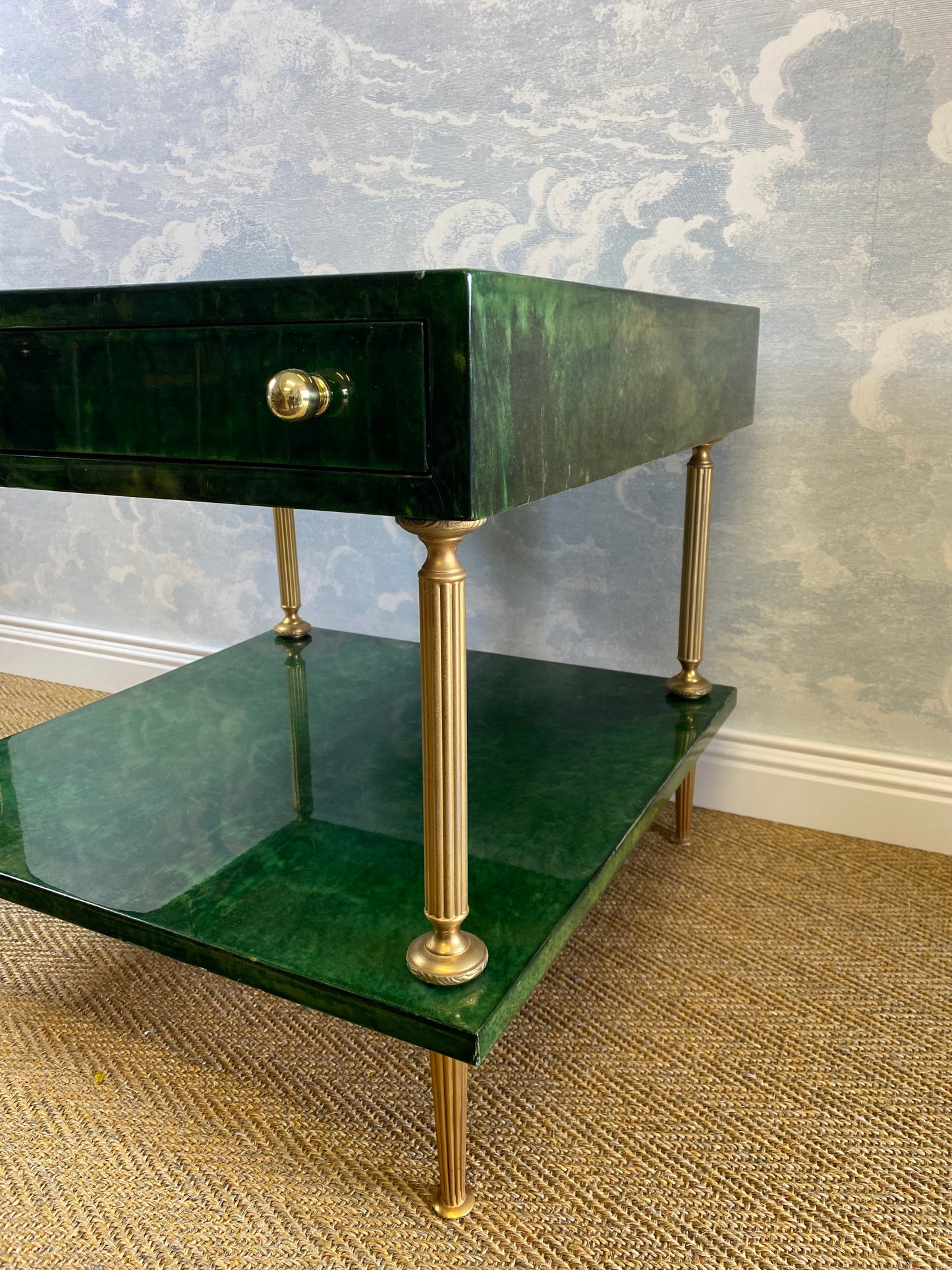 Aldo Tura Side Table Emerald Green & Brass Vintage 1970s 1960s Hollywood Regency Coffee Table Mid Century Nightstand