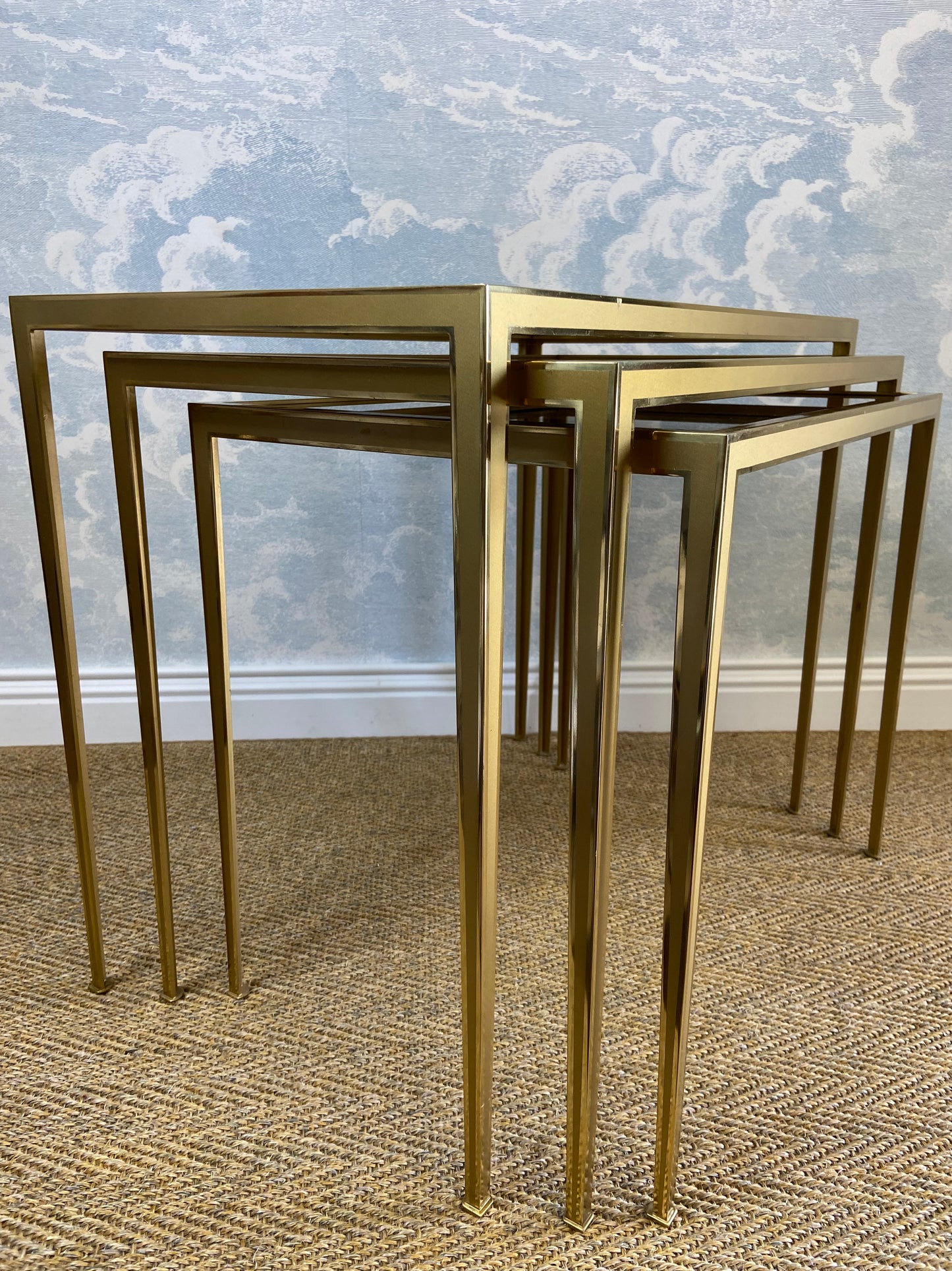 Set of 3 Nesting Tables Brass 60s Hollywood Regency Vereinigte Werkstätten Side Coffee Table