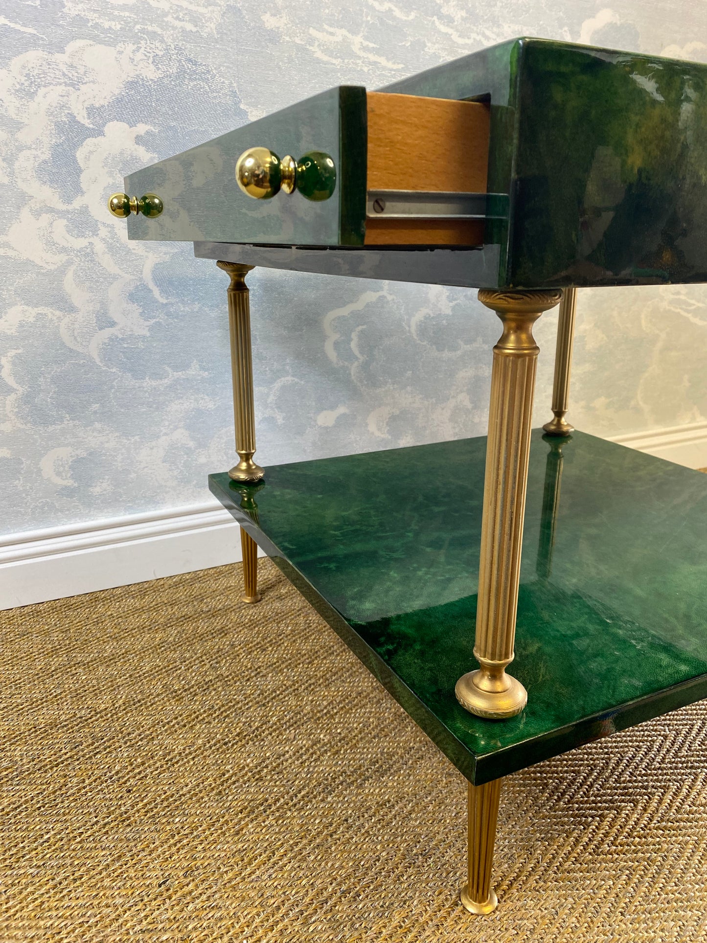 Aldo Tura Side Table Emerald Green & Brass Vintage 1970s 1960s Hollywood Regency Coffee Table Mid Century Nightstand