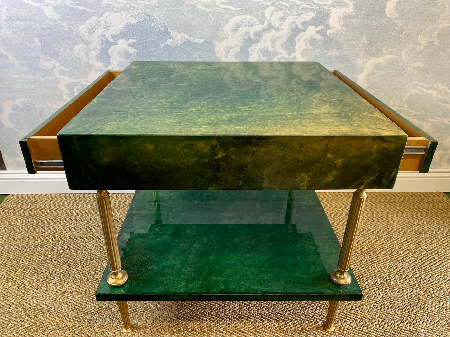 Aldo Tura Side Table Emerald Green & Brass Vintage 1970s 1960s Hollywood Regency Coffee Table Mid Century Nightstand