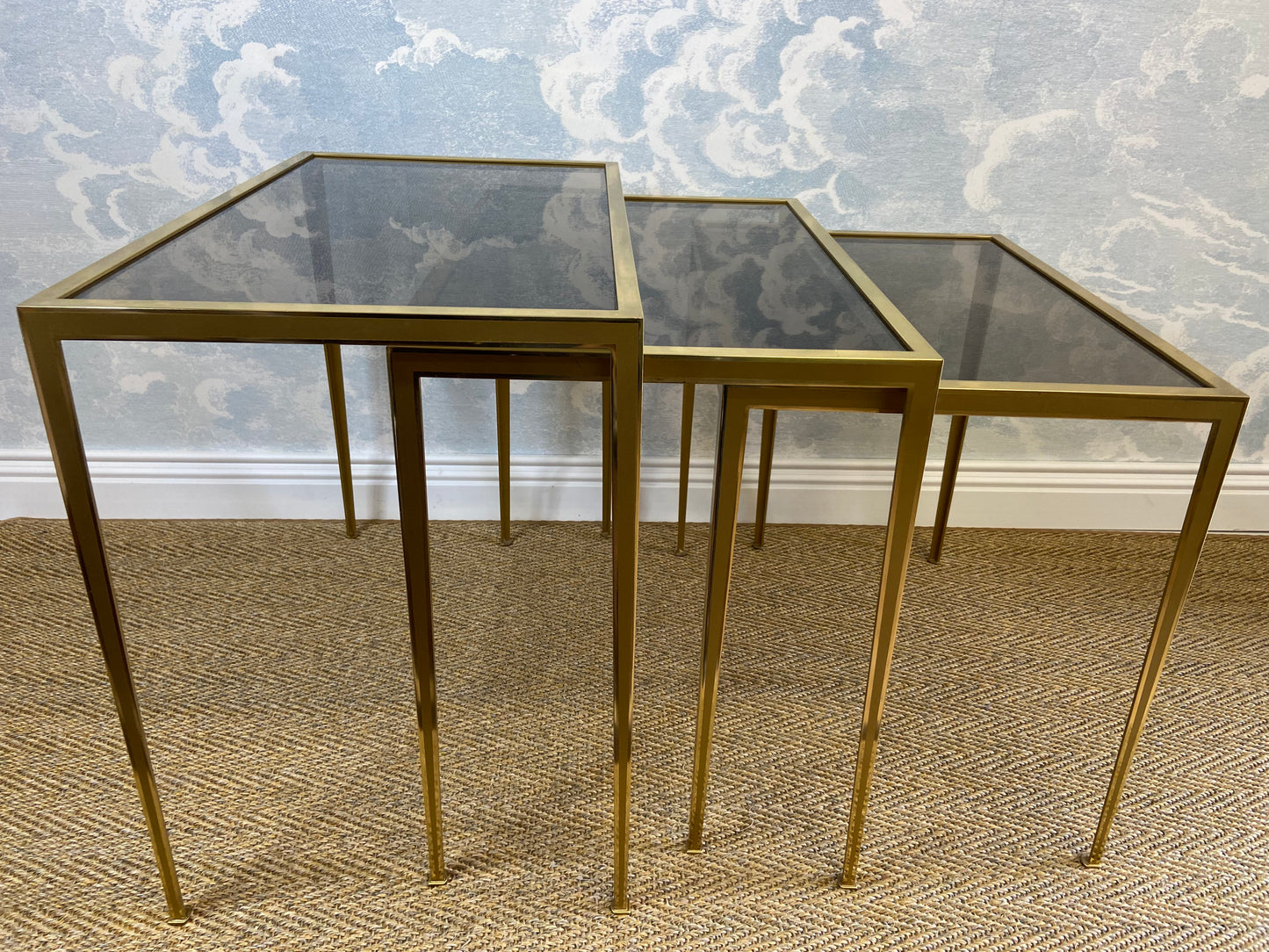 Set of 3 Nesting Tables Brass 60s Hollywood Regency Vereinigte Werkstätten Side Coffee Table