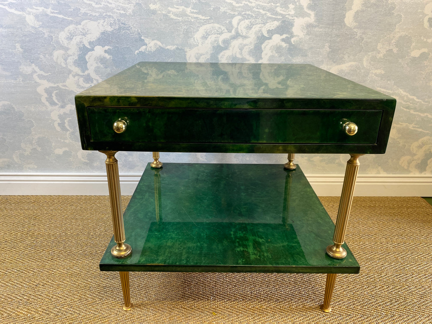 Aldo Tura Side Table Emerald Green & Brass Vintage 1970s 1960s Hollywood Regency Coffee Table Mid Century Nightstand