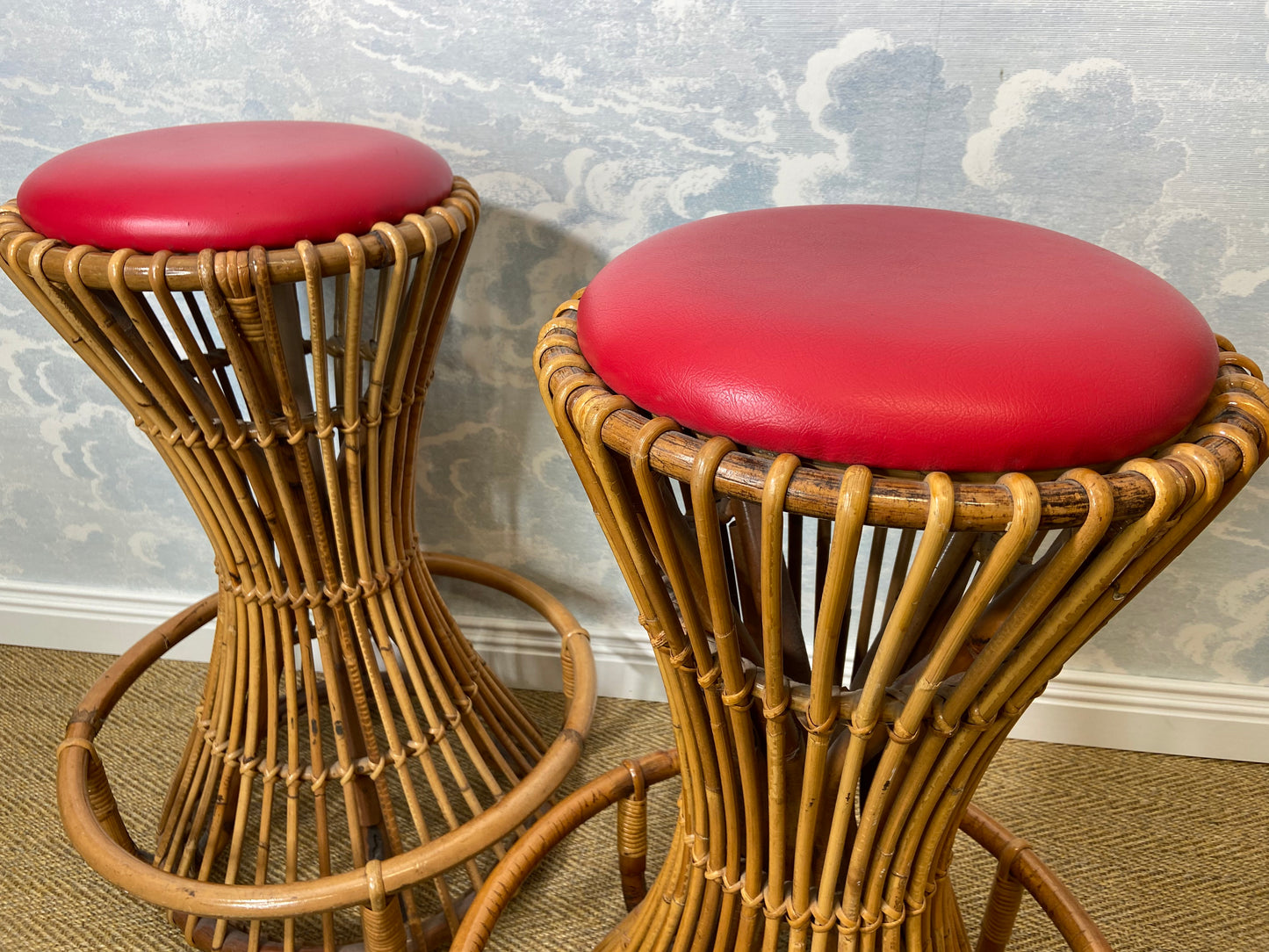 Set of 3 Tito Agnoli for Bonacina Bar Stools Bamboo & Rattan, Italy 1950s