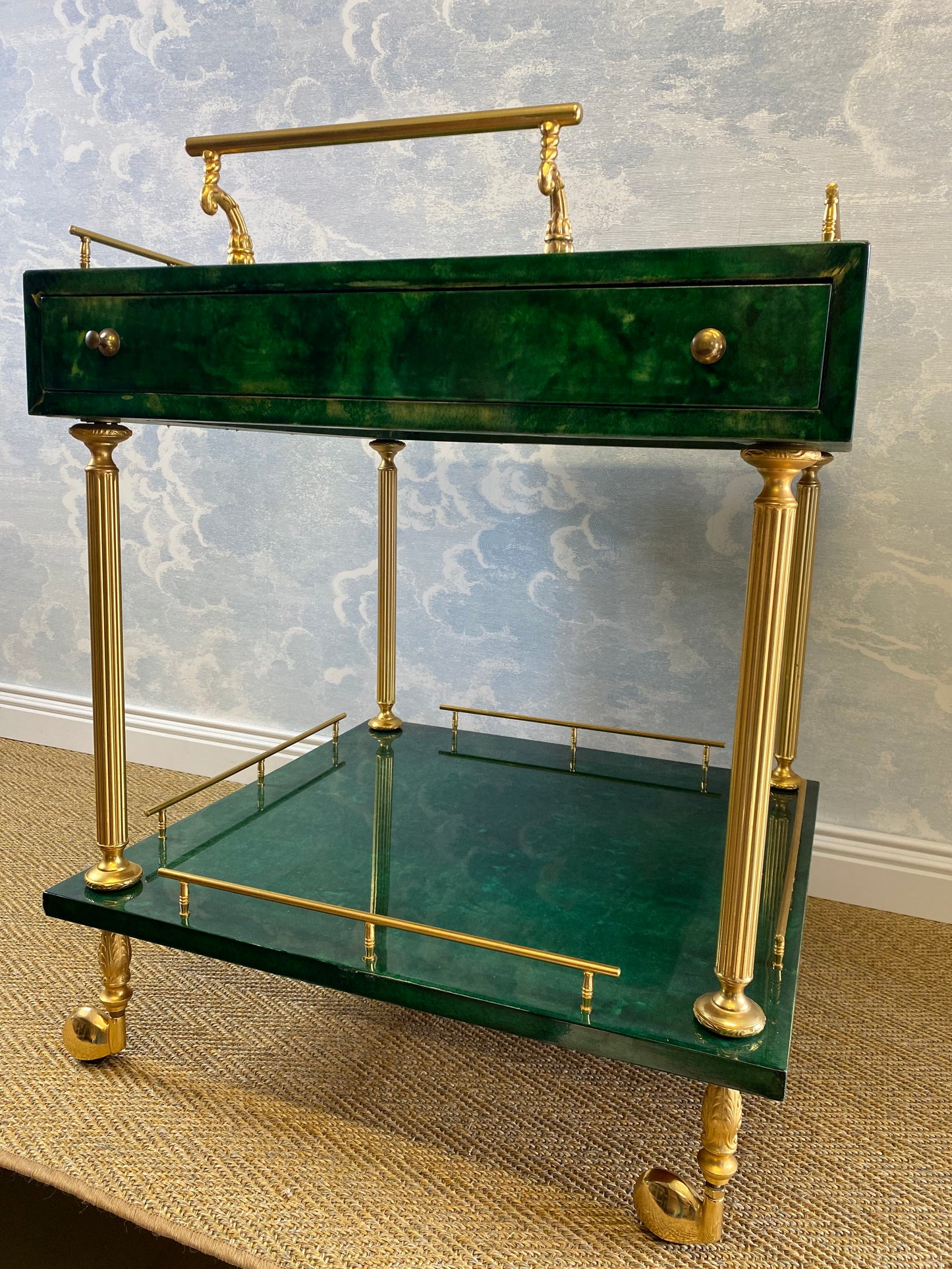 Aldo Tura Side Table on Wheels in Emerald Green with Brass Detail and 2 Drawers