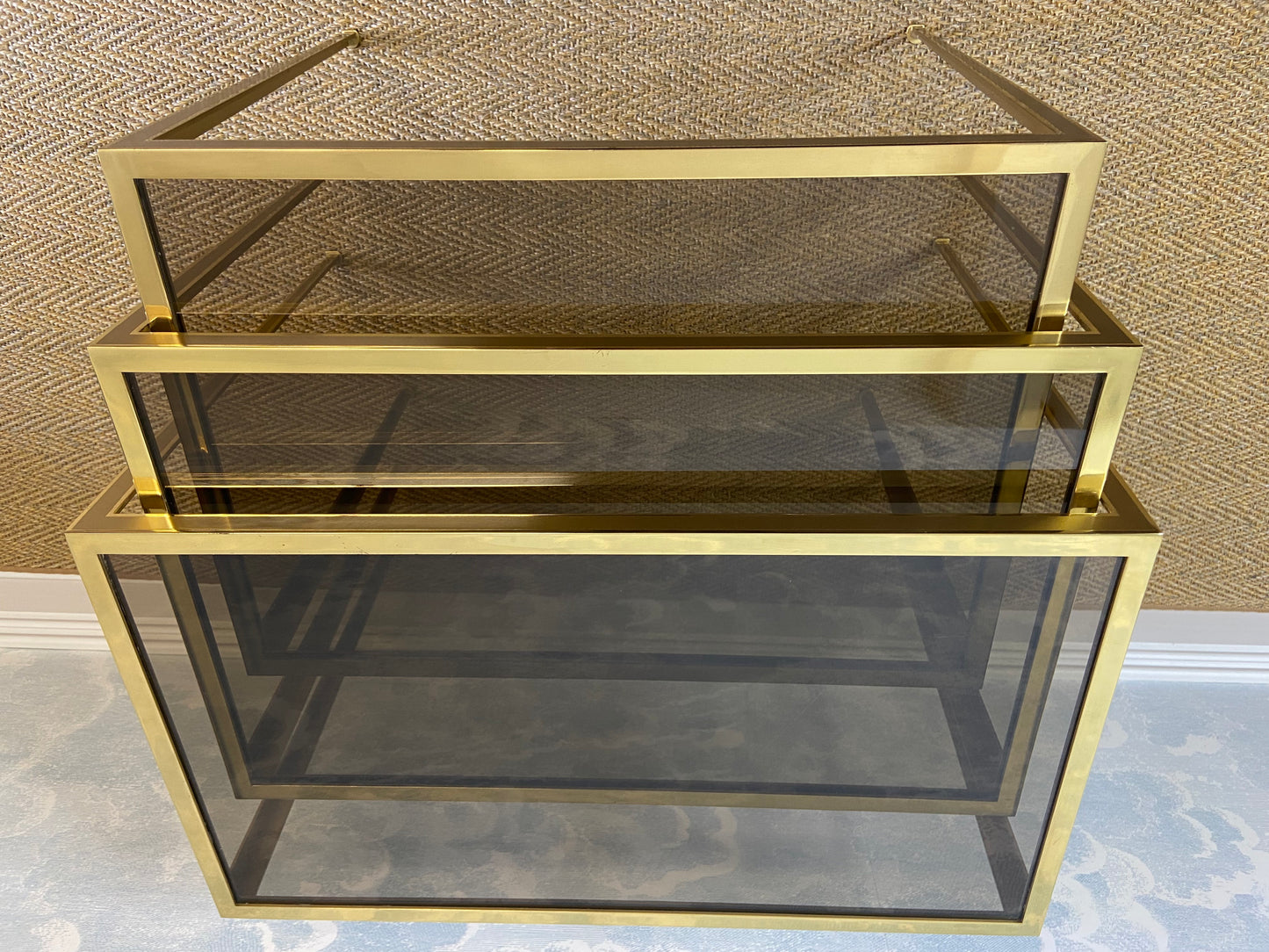 Set of 3 Nesting Tables Brass 60s Hollywood Regency Vereinigte Werkstätten Side Coffee Table