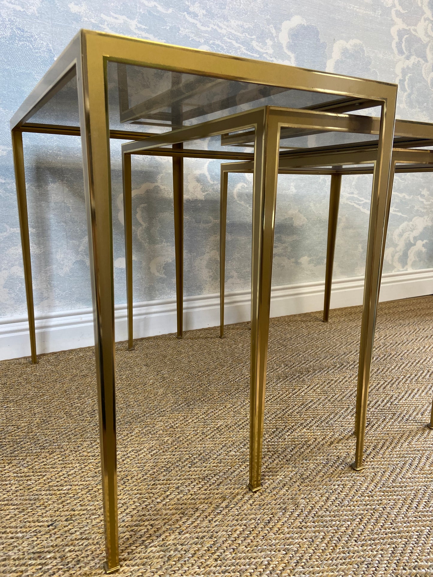 Set of 3 Nesting Tables Brass 60s Hollywood Regency Vereinigte Werkstätten Side Coffee Table