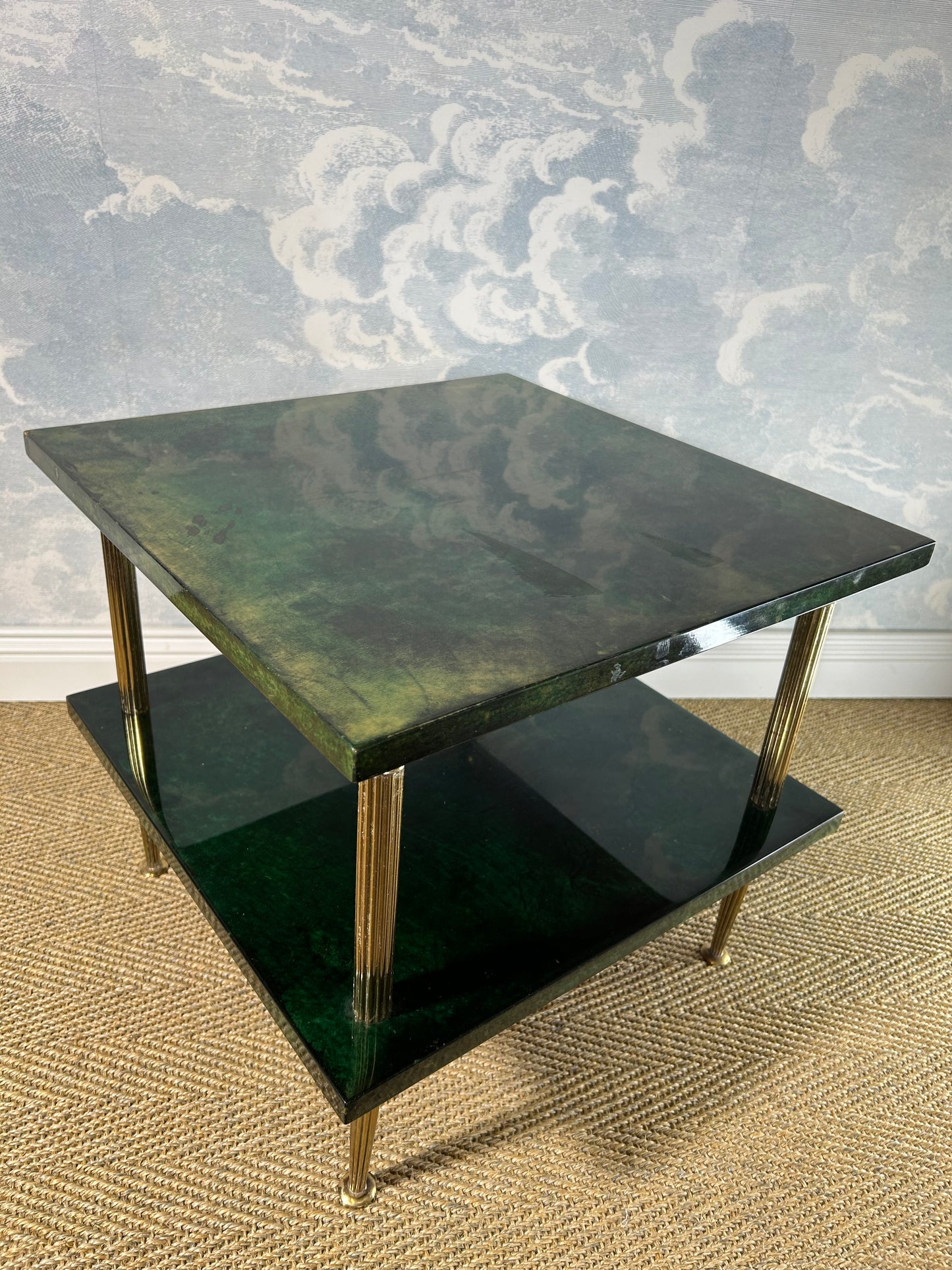 Pair of Green Aldo Tura Side Tables with Brass Columns, Italy 1960's