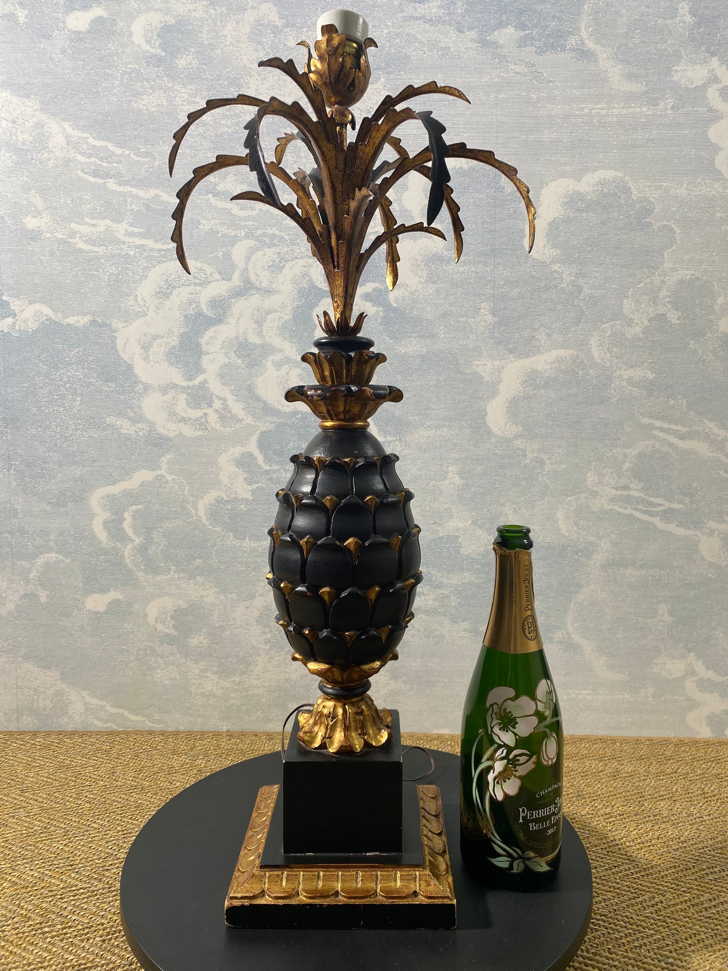 Large Carved Wood Pineapple Table Lamp in Black and Gold, France, early 20th Century