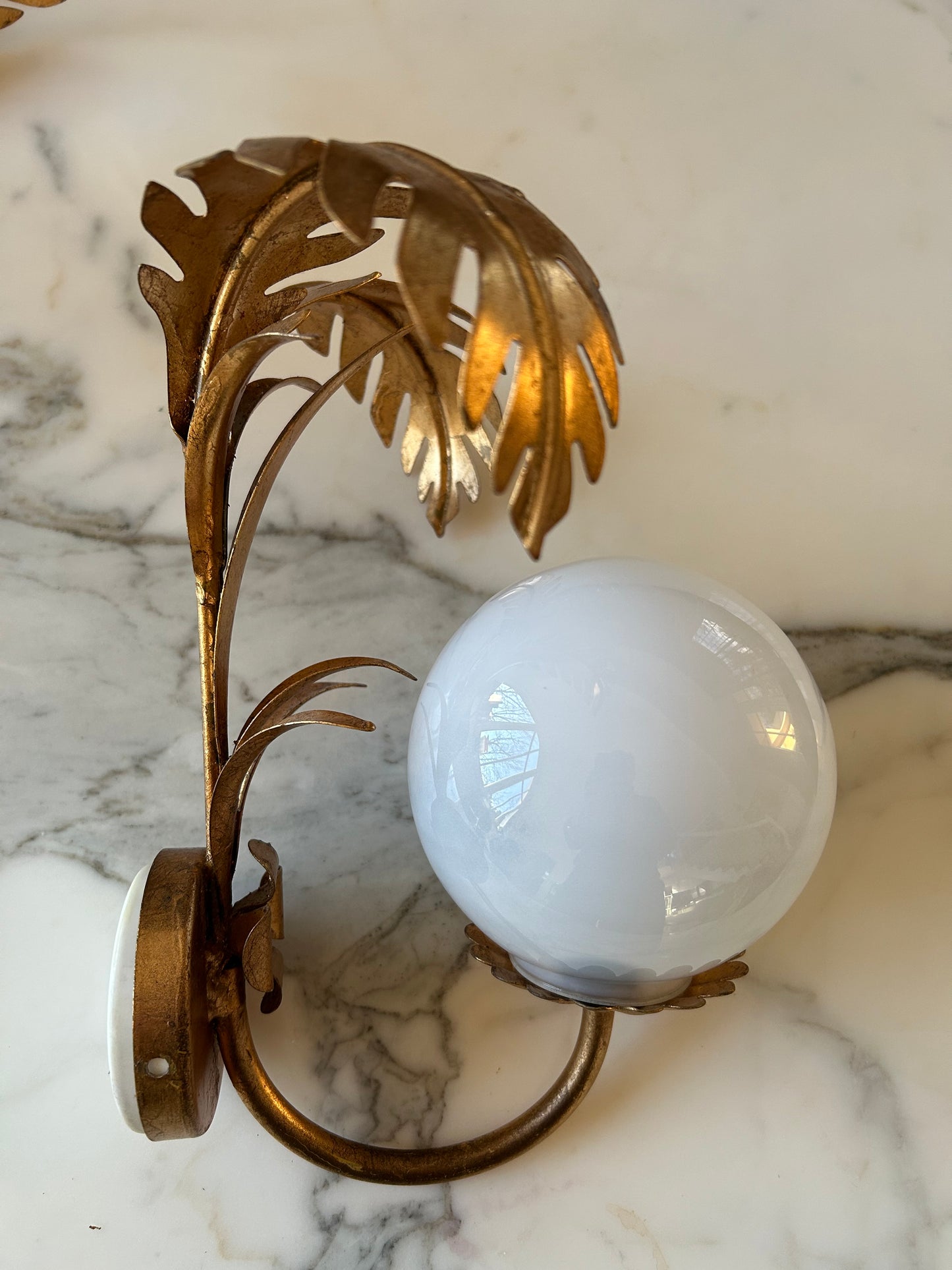 Pair of Hollywood Regency Palm Leaf Sconces with Opaque Globes by Hans Kögl, Germany, 1970s