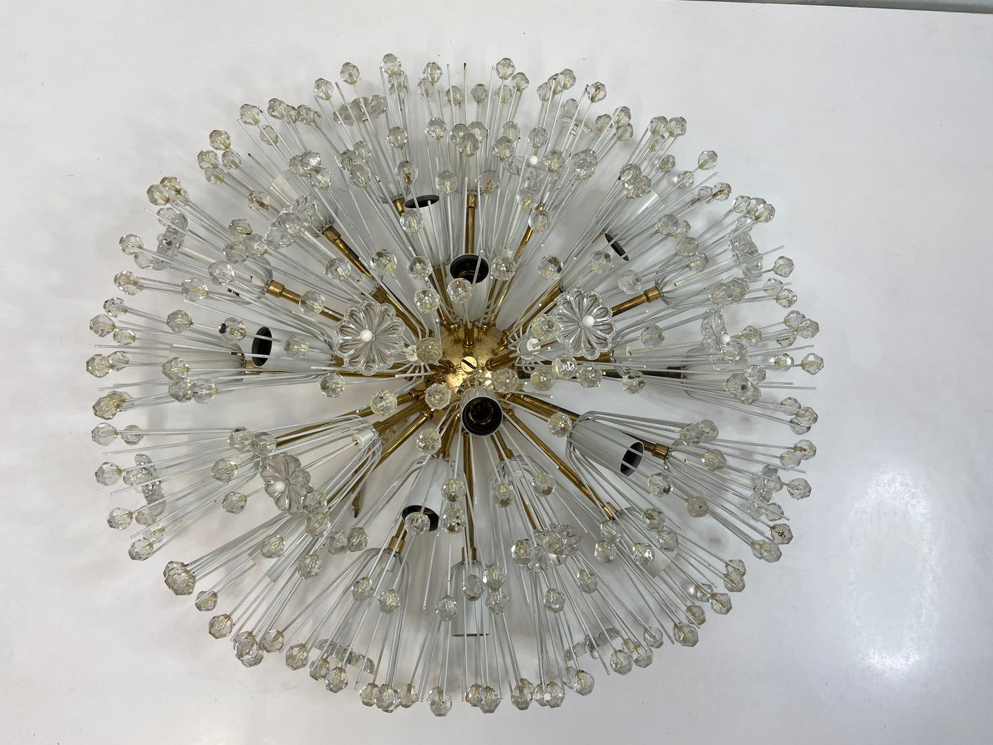 XL Stejnar Flush Mount Dandelion / Snowball Ceiling or Wall Light with Cut-Glass Crystals, Austria 1960s