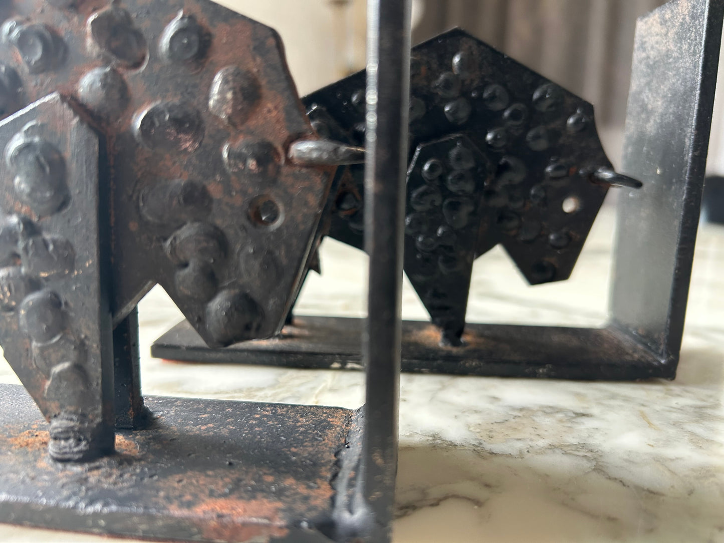 Pair of Brutalist Buffalo / Bison Bookends, Black Metal, Mid-Century