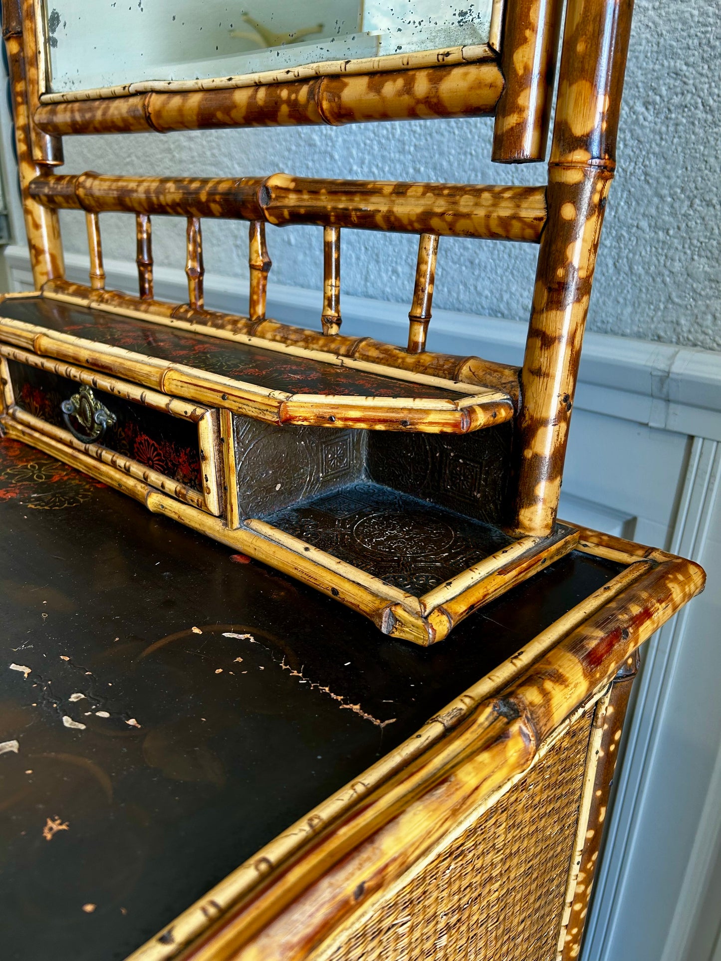 Victorian Tiger Bamboo, Cane & Chinoiserie Dressing Table With Drawers, England 1880's, Aesthetic Movement