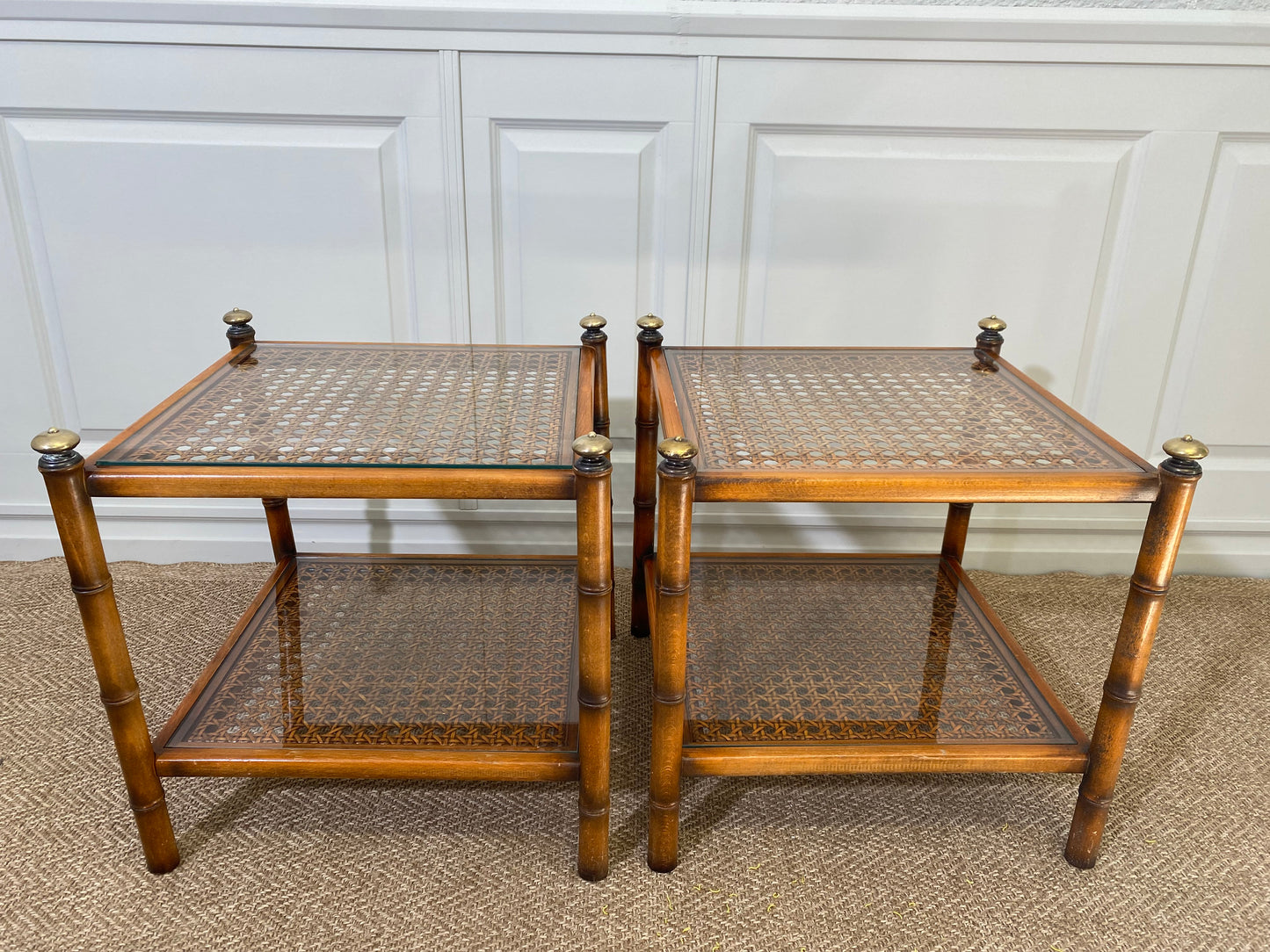 Faux Bamboo Side Table with Viennese Braiding and Glass Tops, Austria, 1960s