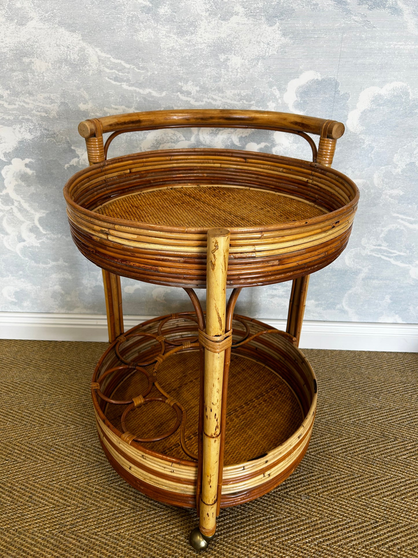 2-Tiered Round Bamboo Bar Cart in the Style of Vivai del Sud, Italy, 1960's
