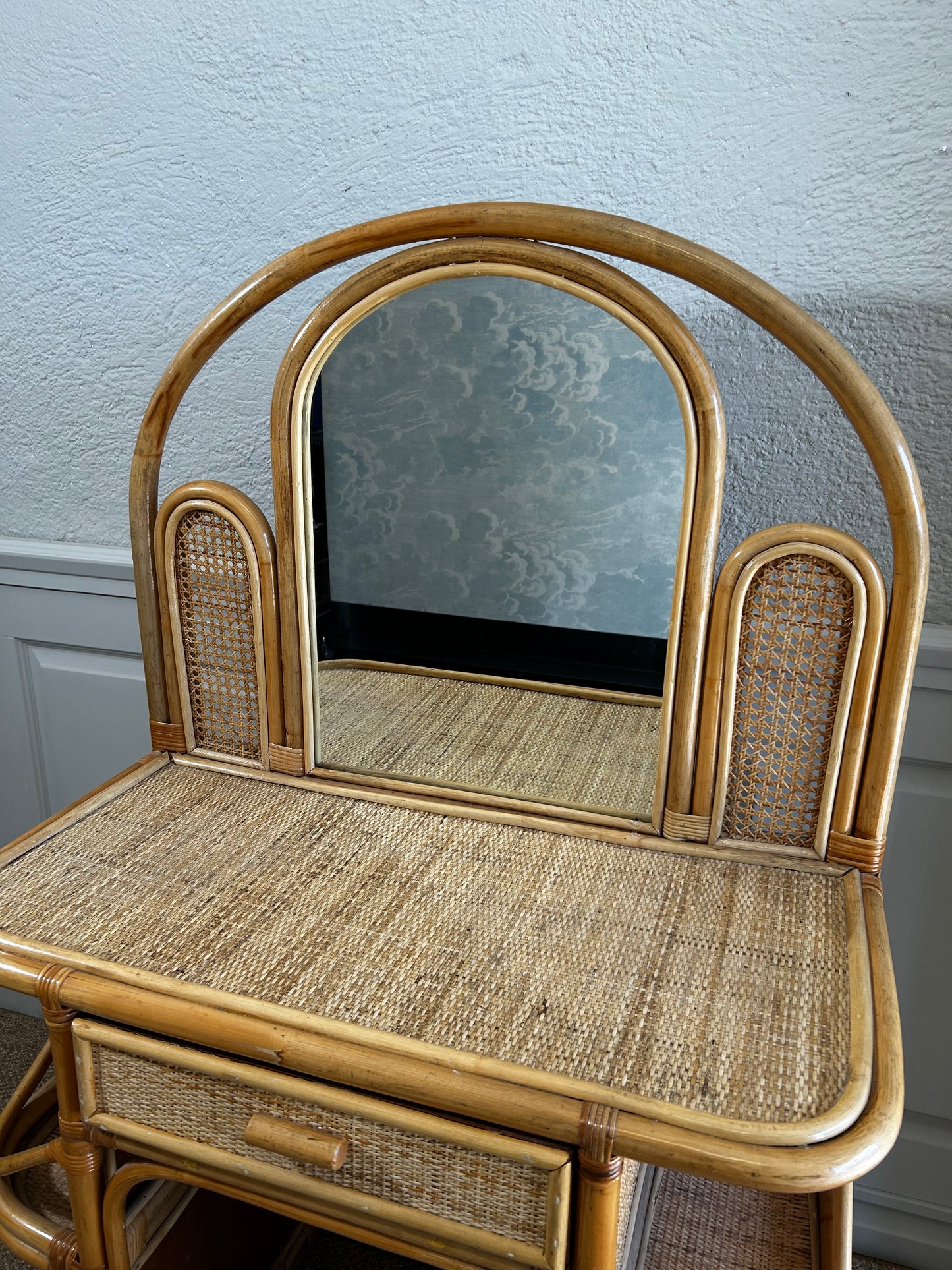 Bamboo and Rattan Vanity / Dressing Table with Drawer and Mirror, 1970's Mid-century Modern
