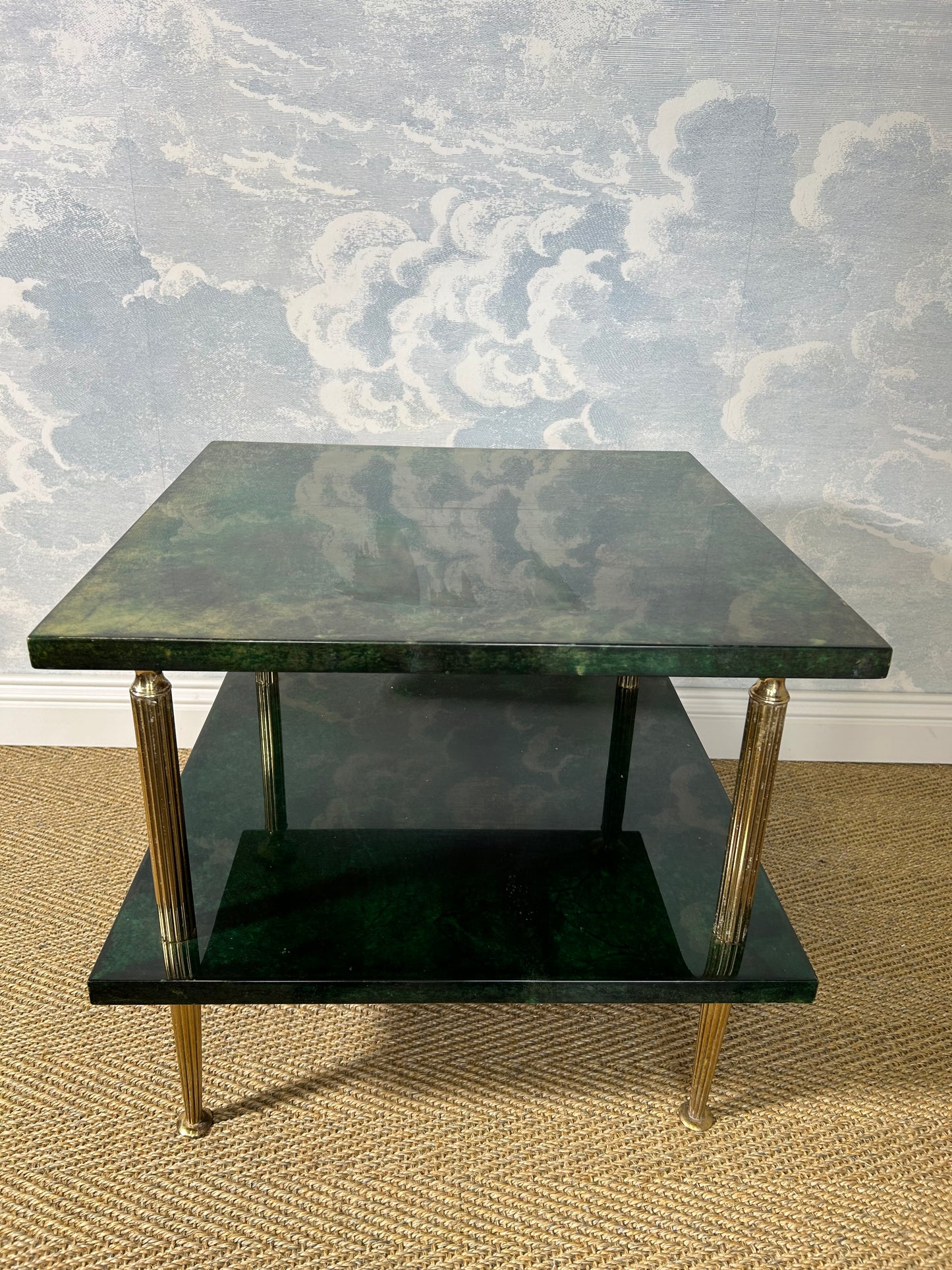 Pair of Green Aldo Tura Side Tables with Brass Columns, Italy 1960's