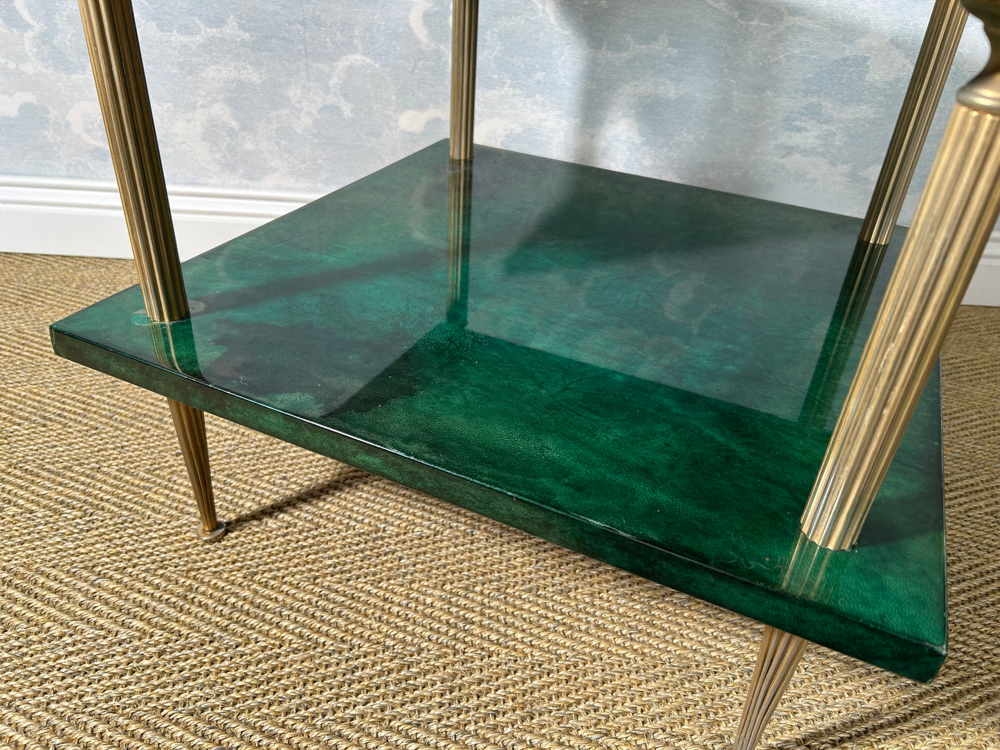 Pair of Green Aldo Tura Side Tables with Brass Columns, Italy 1960's
