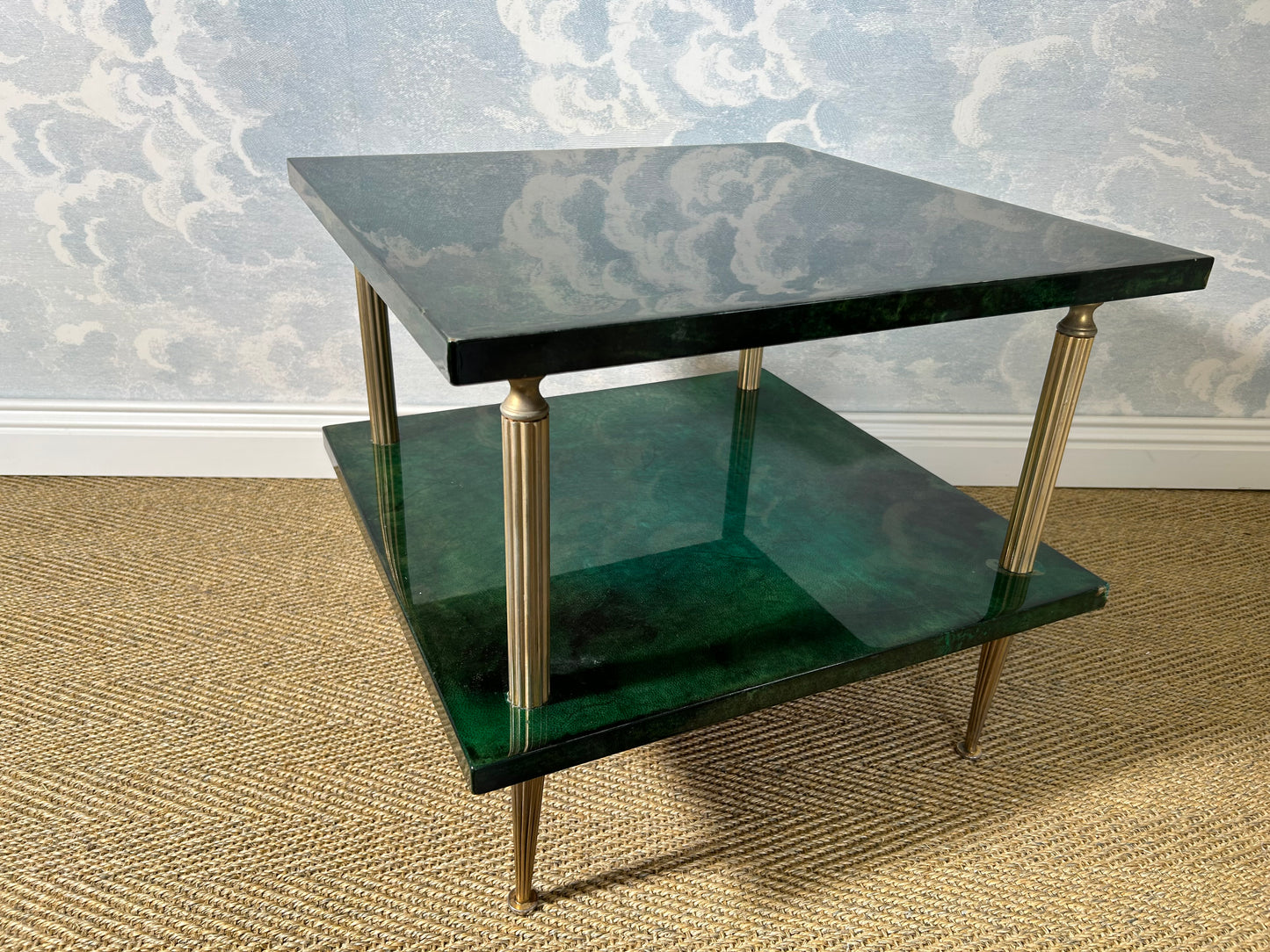 Pair of Green Aldo Tura Side Tables with Brass Columns, Italy 1960's