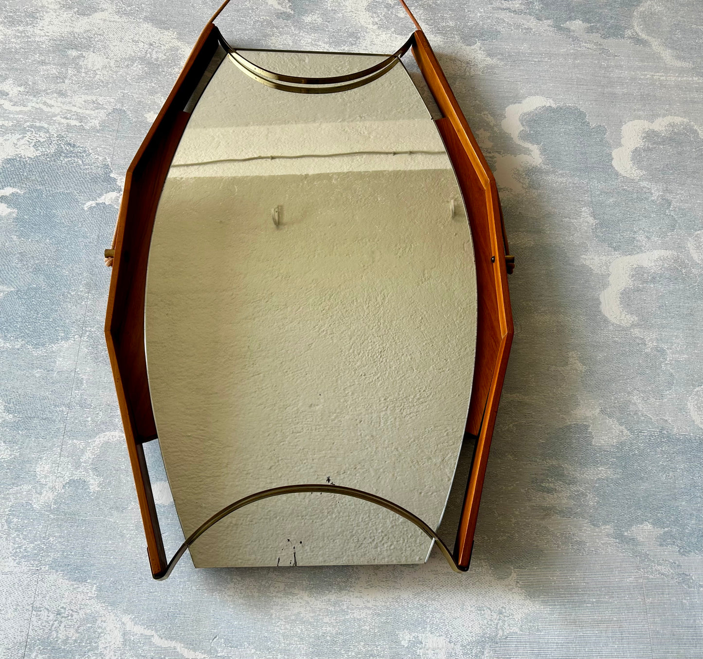 Wall Mirror with Brass Detail and Leather Mounting, Vetreria Andreini, Ravenna, Italy, 1950's