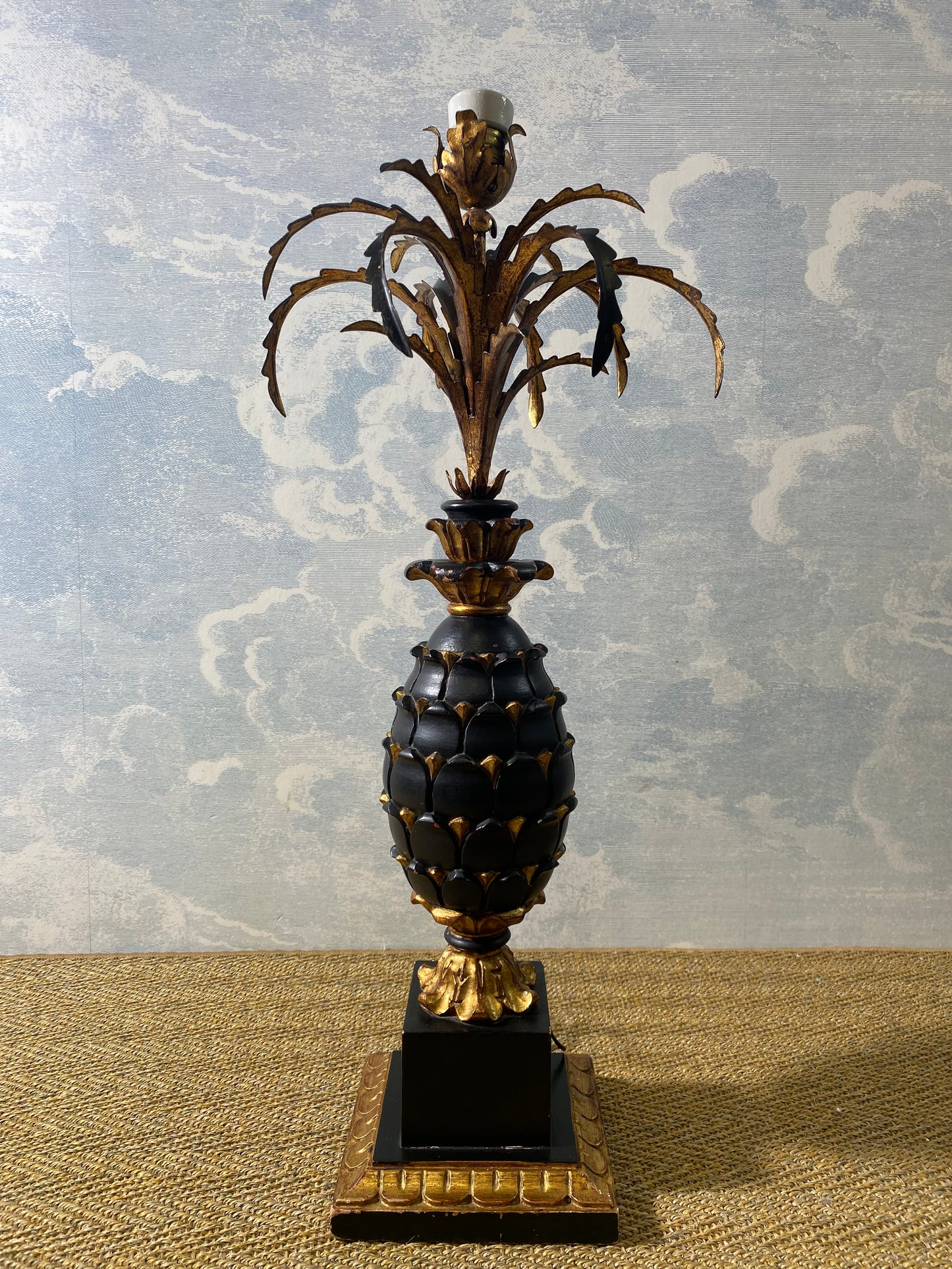 Large Carved Wood Pineapple Table Lamp in Black and Gold, France, early 20th Century