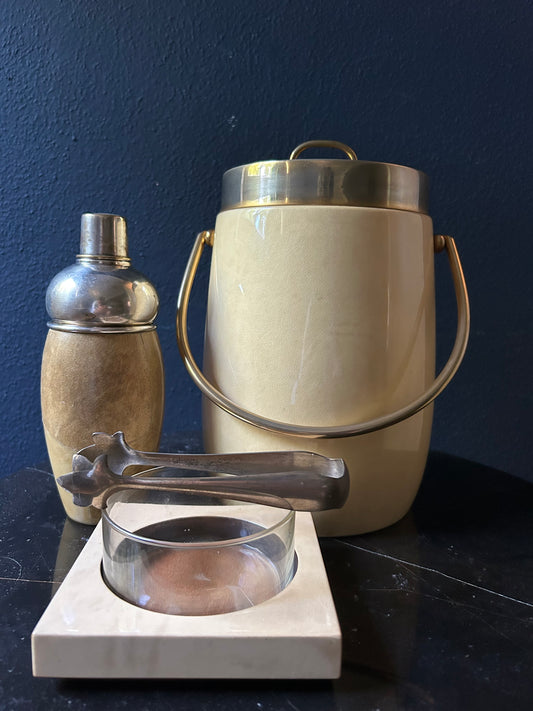 3 Piece Aldo Tura Barware Set with Ice Bucket, Shaker, Sugar Tong and Serving Bowl, Italy, 1970s