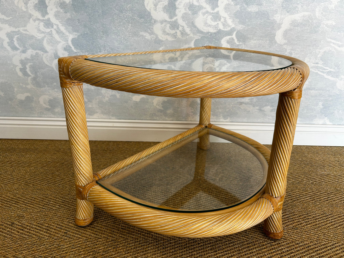 Two-Tiered Twisted Rattan Accent Table With Glass Shelves, 1970's
