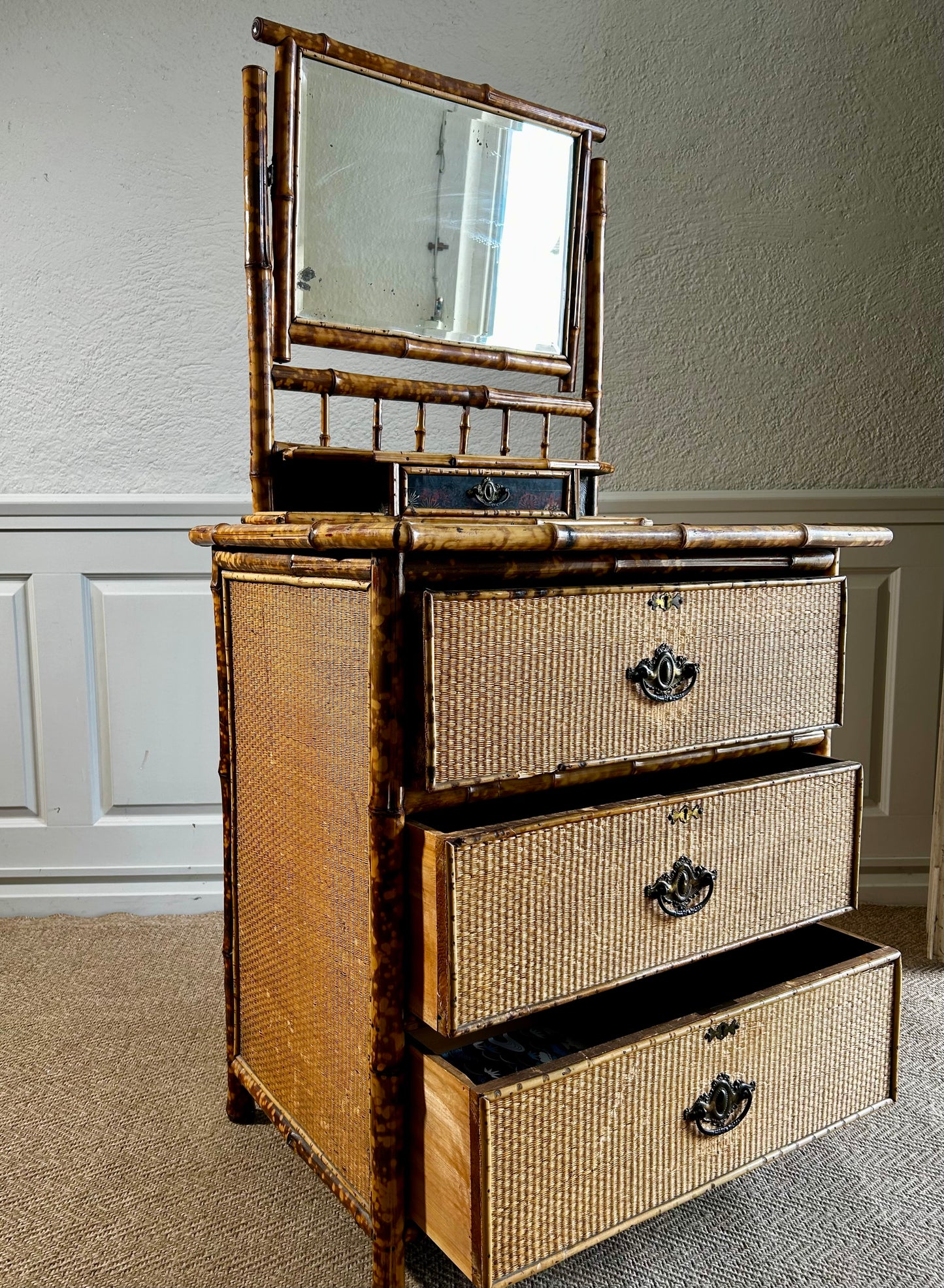 Victorian Tiger Bamboo, Cane & Chinoiserie Dressing Table With Drawers, England 1880's, Aesthetic Movement