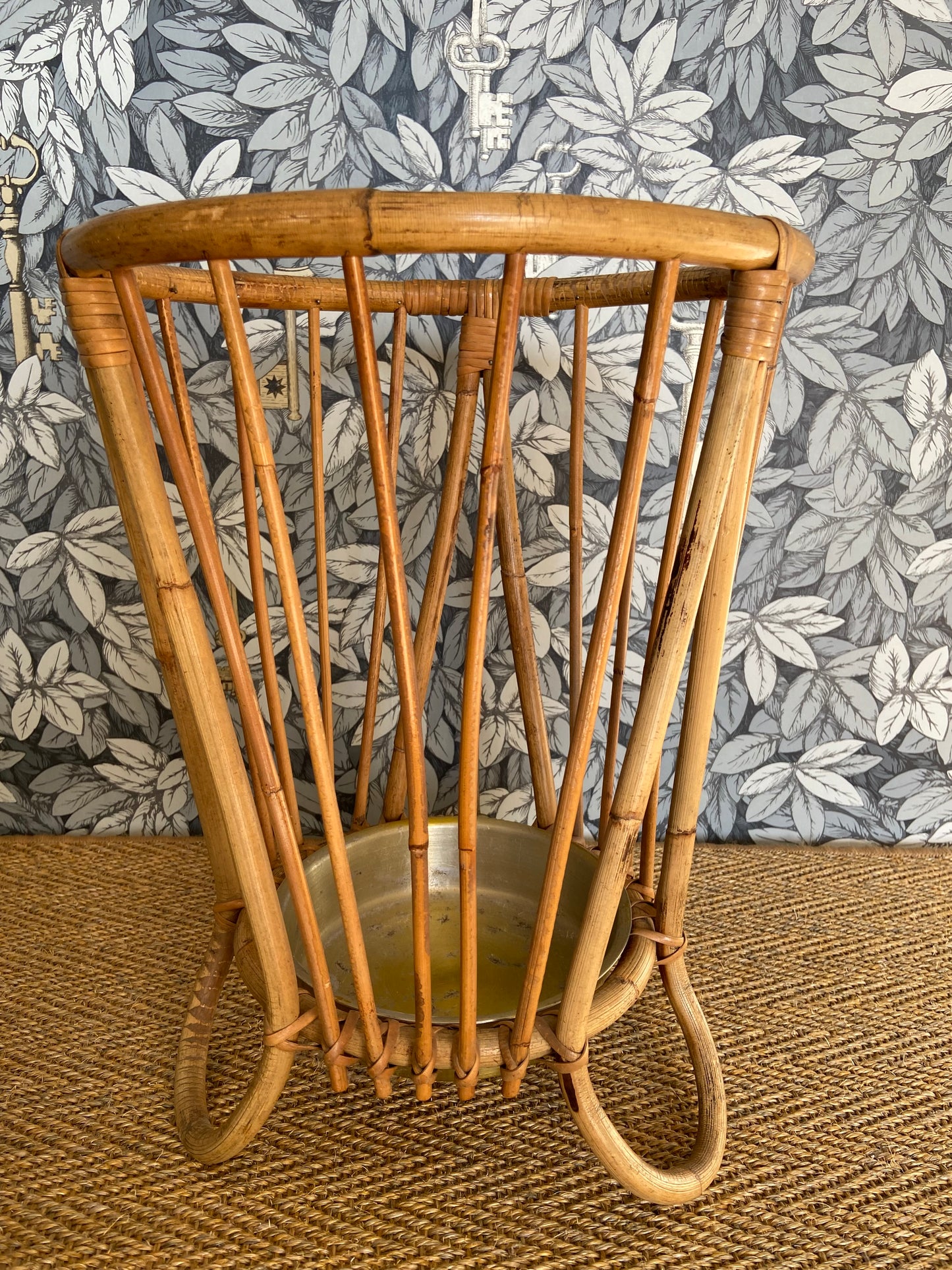 Bamboo and Rattan Umbrella Stand with Metal Drip Tray in the Style of Franco Albini, Italy, 1960s